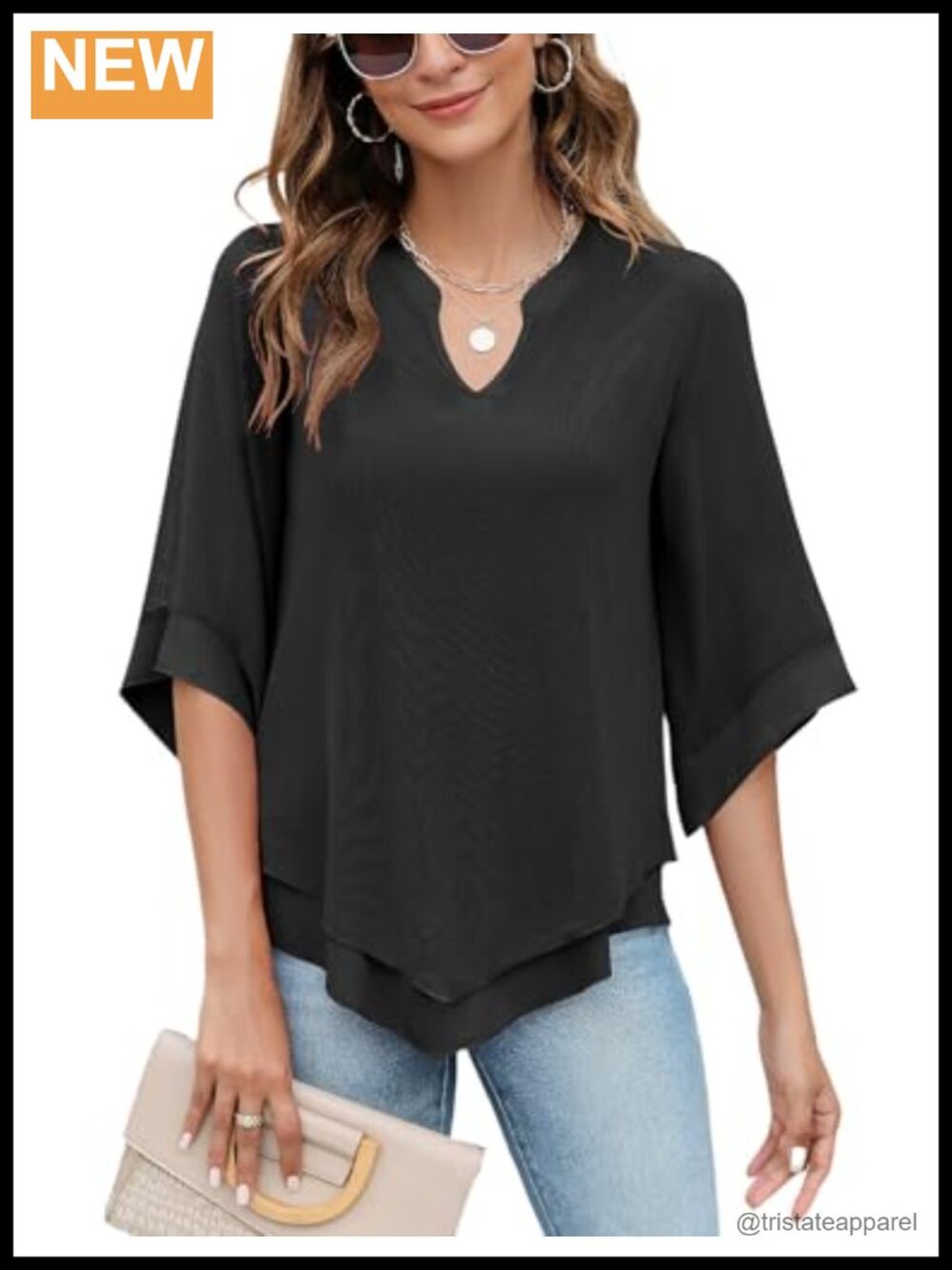 Womens 3/4 Bell Sleeve Chiffon Blouse V Neck Flowy Tunic Top